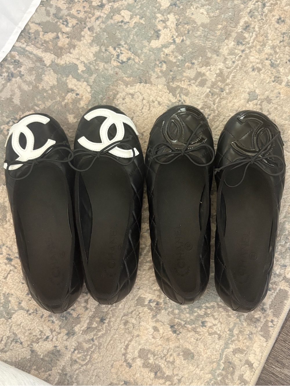 CHANEL Cambon Black Quilted Leather Ballet Flats with White CC Accent (Pair)